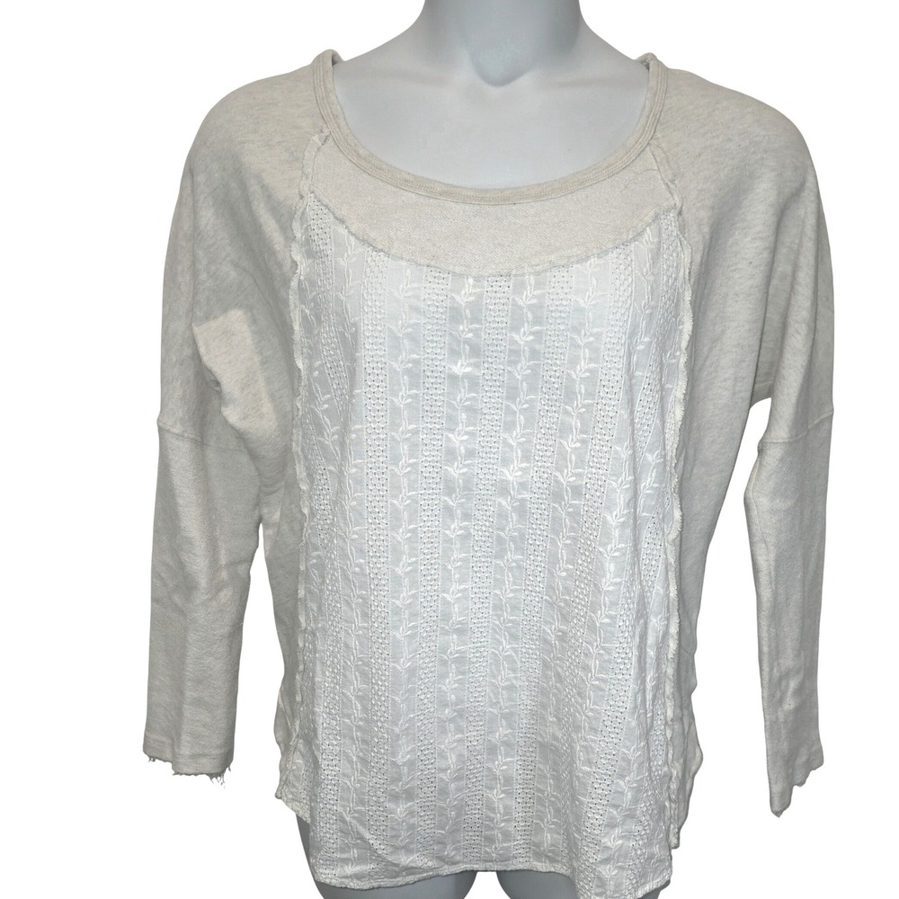 Free People Mix Media Tunic Pullover‎ Sweatshirt Top Sz Medium Cream Oversized